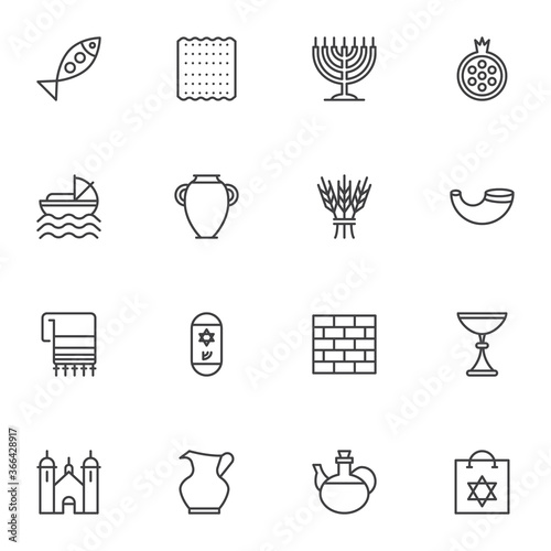 Jewish hanukkah holiday line icons set, Judaism outline vector symbol collection, linear style pictogram pack. Signs, logo illustration. Set includes icons as menorah hanukkah, religion food and drink