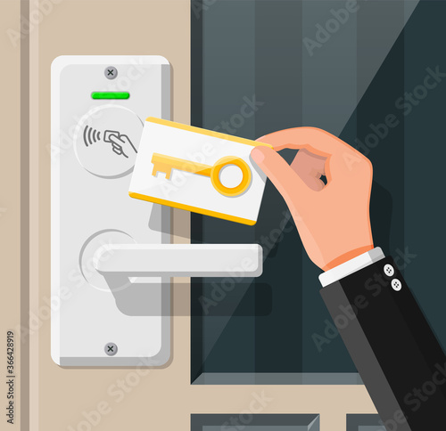 Wireless key card in human hand with guest room door handle sensor. Concept of access identification. Access control machine. Proximity card reader. Vector illustration in flat style