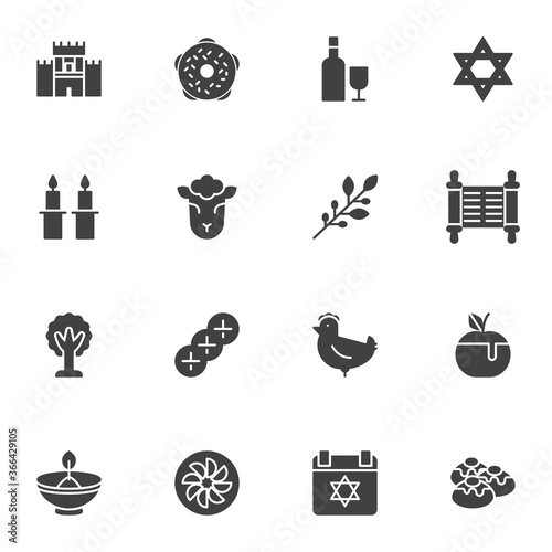 Judaism related vector icons set, modern solid symbol collection, filled style pictogram pack. Signs, logo illustration. Set includes icons as jewish holiday hanukkah, david star, food and drinks