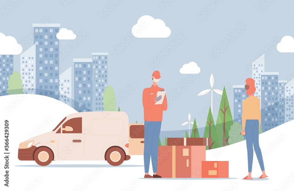 Fast delivery service vector flat illustration. Man in respiratory mask deliver goods to woman on the background of cityscape and urban park. Non contact delivery during Coronavirus outbreak. Fast delivery service vector flat illustration. Man in respiratory mask deliver goods to woman on the background of cityscape and urban park. Non contact delivery during Coronavirus outbreak.