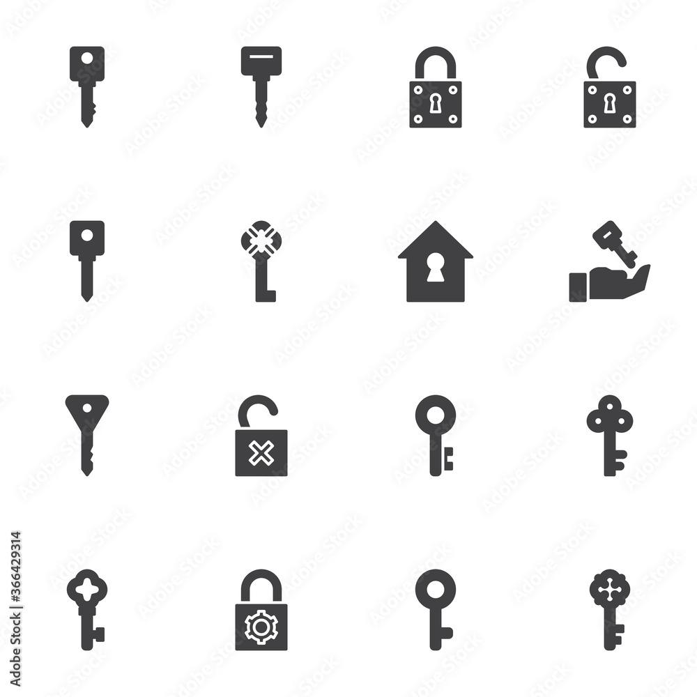 Keys and locks vector icons set, modern solid symbol collection, filled style pictogram pack. Signs, logo illustration. Set includes icons as security lock, closed and open padlock, vintage key Keys and locks vector icons set, modern solid symbol collection, filled style pictogram pack. Signs, logo illustration. Set includes icons as security lock, closed and open padlock, vintage key