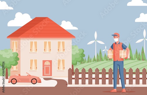 Online fast delivery service during Coronavirus outbreak vector flat concept. Man in medical mask carrying parcels to country house. Non contact express shipping during Coronavirus outbreak.