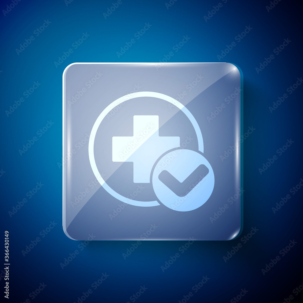 Obraz premium White Cross hospital medical icon isolated on blue background. First aid. Diagnostics symbol. Medicine and pharmacy sign. Square glass panels. Vector Illustration.
