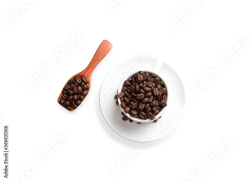 Coffee cups with full coffee beans and a spoon to scoop the coffee beans on the side.