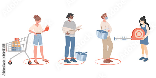 People stand in line and keep safe social distance in the shop vector flat illustration. Men and women keep distance to protect from Coronavirus. Maintain social distancing to prevent virus spread.