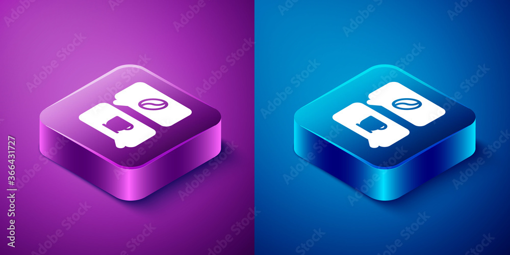 Isometric Coffee and conversation icon isolated on blue and purple background. Coffee talk. Speech bubbles chat. Square button. Vector Illustration. Isometric Coffee and conversation icon isolated on blue and purple background. Coffee talk. Speech bubbles chat. Square button. Vector Illustration.