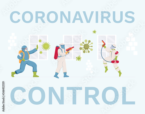 Coronavirus control vector flat banner design. Medical workers or cleaners in protective suits and masks disinfecting surfaces. Protective measures during Covid-19 outbreak.