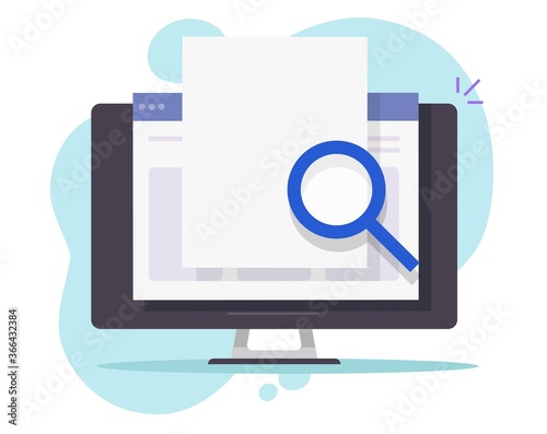 Search scan data online on internet web document blank empty for copy space or audit analysis computer file with magnifying glass loupe vector flat cartoon illustration icon