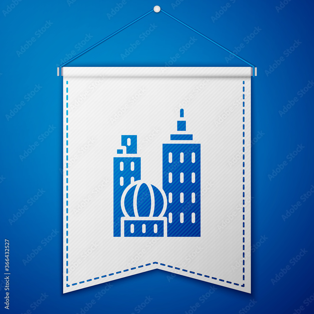 Fototapeta premium Blue City landscape icon isolated on blue background. Metropolis architecture panoramic landscape. White pennant template. Vector Illustration.