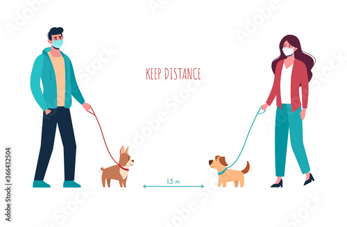 Man and woman in medical masks walking the dogs, keep a distance so as not to spread the virus. People keep puppies of different breeds on a leash. Social isolation. Vector flat, cartoon characters