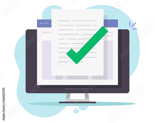 Approved confirmed document file check online on desktop computer or pc quality control of text writing and creating icon flat vector, concept of digital accepted or certified license paper form