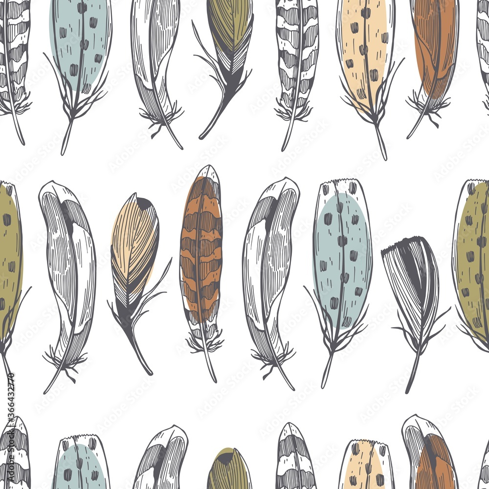 Vector  seamless pattern with  hand drawn feathers on white background.