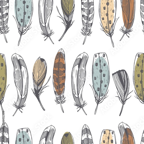 Vector  seamless pattern with  hand drawn feathers on white background. © rraya