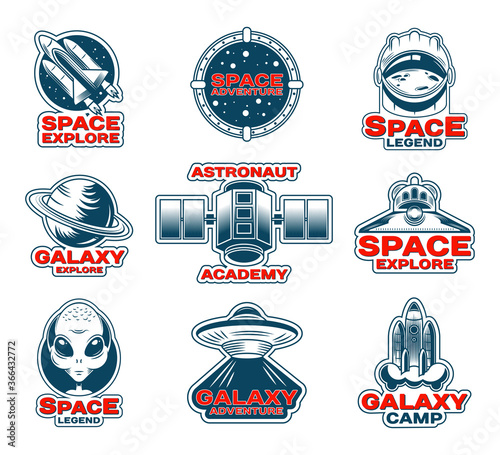 Space exploration patches set. Patch with Saturn planet, stamps with shuttle and rocket, badges with astronaut and alien in vintage style with text. For extraterrestrial life, galaxy and ufo concept