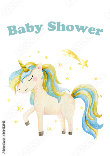 Cute watercolor unicorn and flowers clipart. Nursery unicorns illustration. Princess unicorns poster. Trendy cartoon horse. Baby Shower card