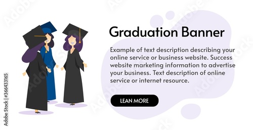 Education web banner with graduation students group in gown and academic hats or university female pupils in uniforms celebrating poster vector flat cartoon characters illustration modern design