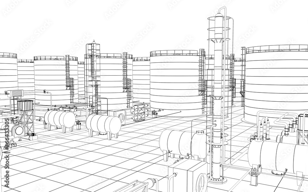 oil refinery, chemical production, waste processing plant, contour visualization, 3D illustration, sketch, outline