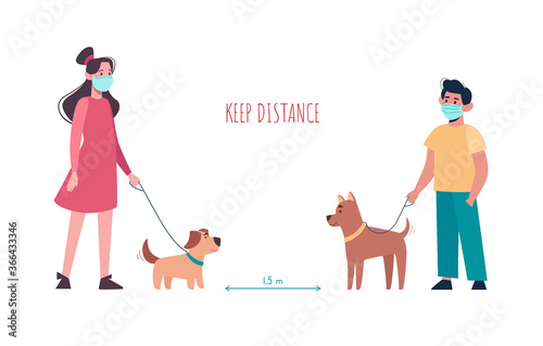 Boy and girl in medical masks walking the dogs, keep a distance so as not to spread the virus. Children keep puppies of different breeds on a leash. Social isolation. Vector flat, cartoon characters.
