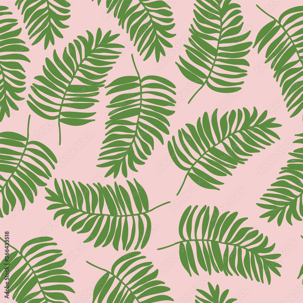 Seamless exotic pattern with tropical leaves on a pink background. Vector illustration.