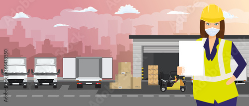 Woman at warehouse holding white empty blank paper showing regulations for new working session. Flat and solid color vector illustration.