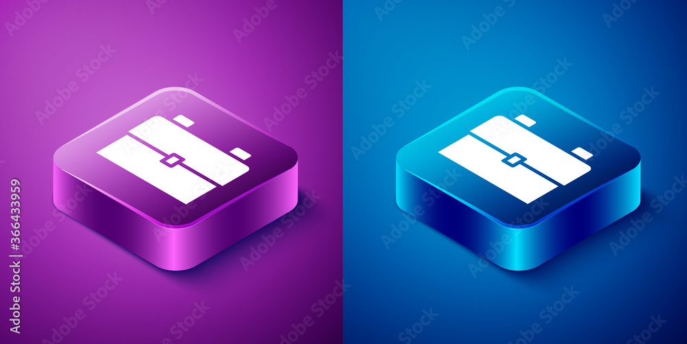 Isometric School backpack icon isolated on blue and purple background. Square button. Vector Illustration. Isometric School backpack icon isolated on blue and purple background. Square button. Vector Illustration.
