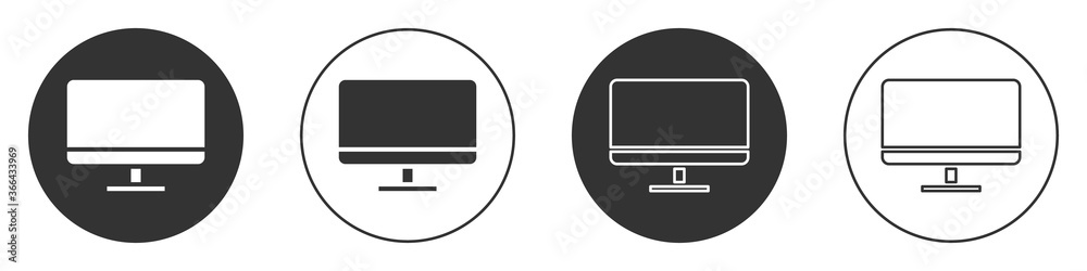 Black Computer monitor screen icon isolated on white background. Electronic device. Front view. Circle button. Vector Illustration. Black Computer monitor screen icon isolated on white background. Electronic device. Front view. Circle button. Vector Illustration.