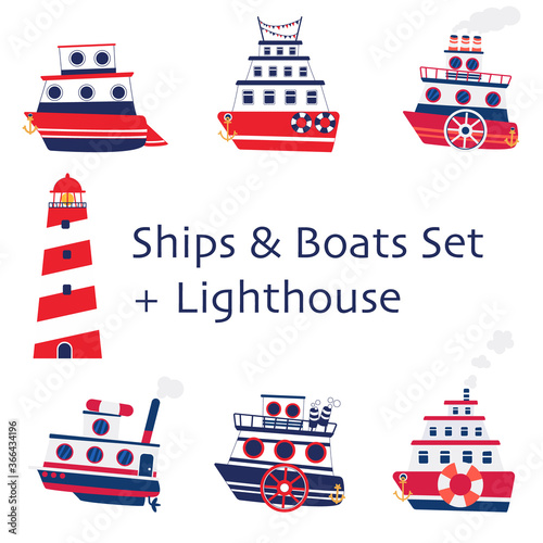 Set of cute retro boats and lighthouse
