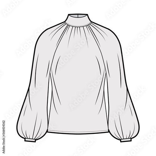 High-cut neck blouse technical fashion illustration with long bishop sleeves, loose fit, button-fastening keyhole at back. Flat apparel top template front, grey color. Women men, unisex shirt CAD
