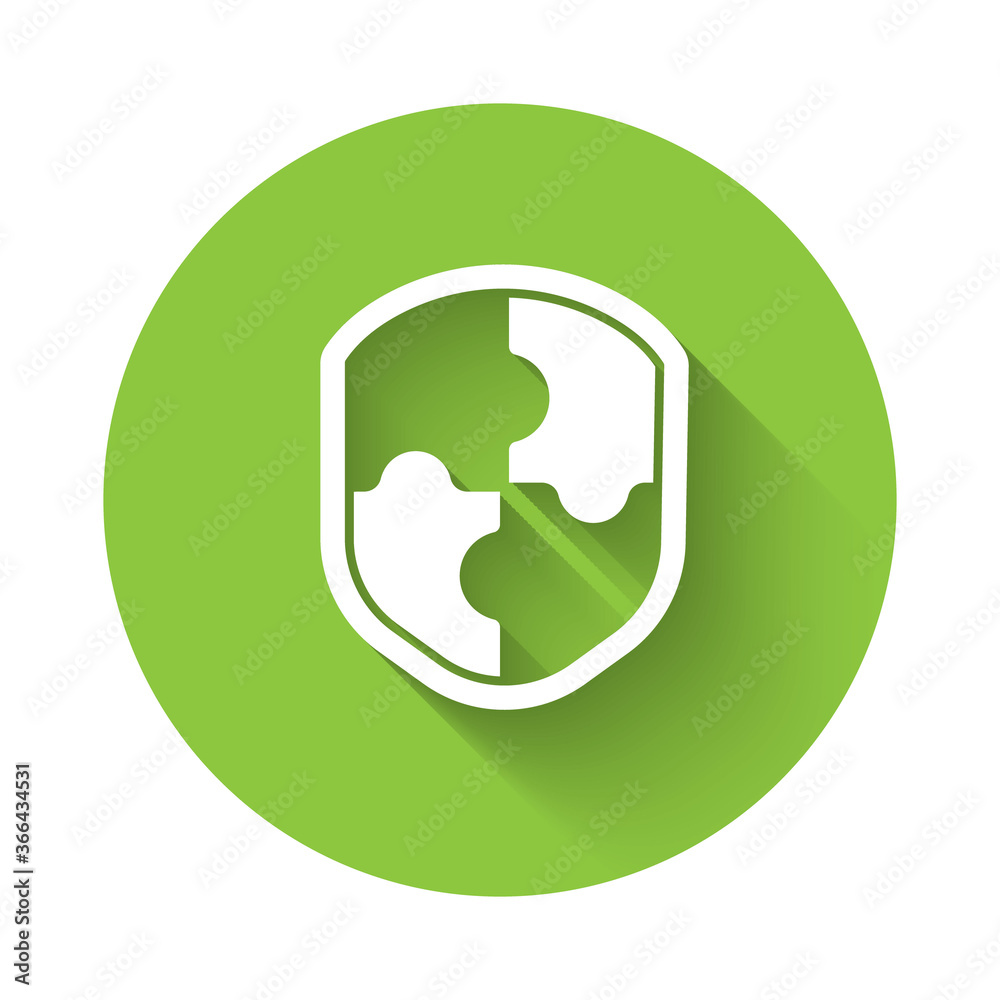 White Shield icon isolated with long shadow. Guard sign. Security, safety, protection, privacy concept. Green circle button. Vector Illustration.