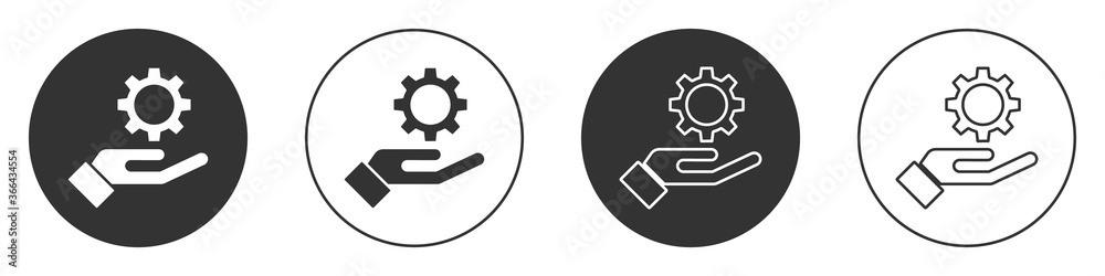 Black Settings in the hand icon isolated on white background. Circle button. Vector Illustration. Black Settings in the hand icon isolated on white background. Circle button. Vector Illustration.