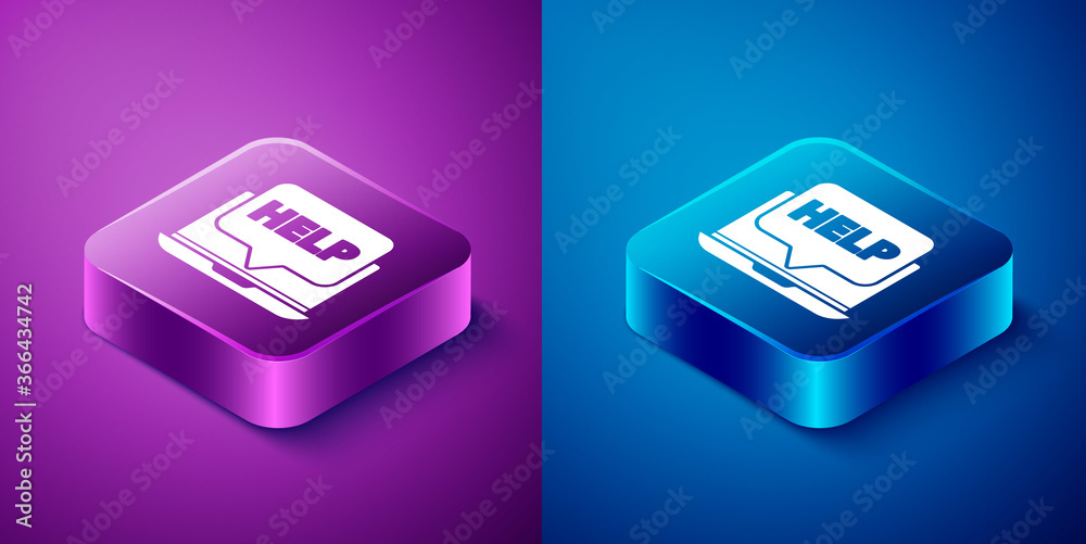 Isometric Laptop and help icon isolated on blue and purple background. Adjusting, service, setting, maintenance, repair, fixing. Square button. Vector Illustration. Isometric Laptop and help icon isolated on blue and purple background. Adjusting, service, setting, maintenance, repair, fixing. Square button. Vector Illustration.