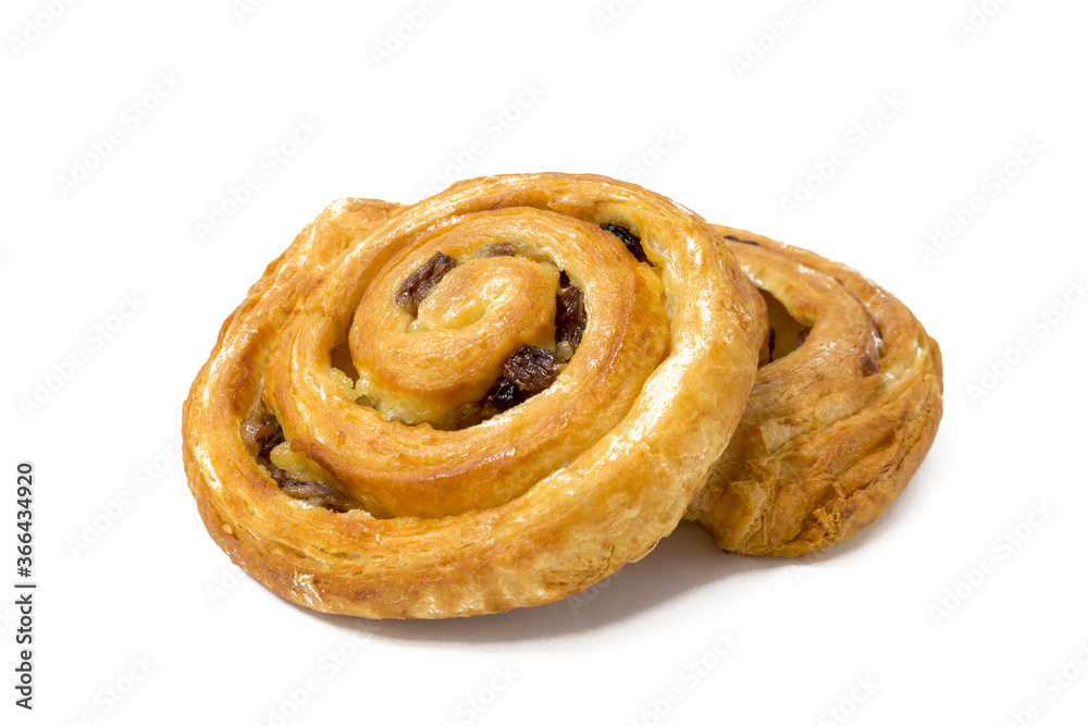 Sweet round buns with raisins on a white background Sweet round buns with raisins on a white background