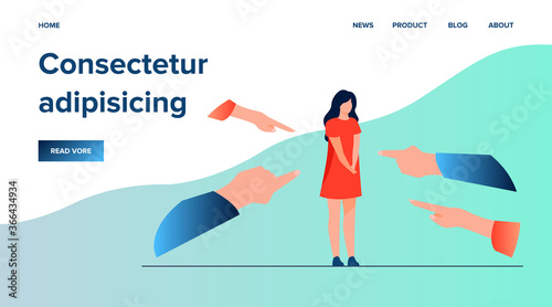 Depressed sad woman standing as victim flat vector illustration. Surrounded girl and fingers pointing at her. Conviction, indictment and social denunciation concept.