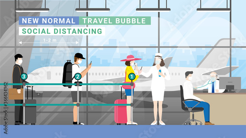 New Normal Concept. Social distancing. Queuing number at the airport doctor's medical checkpoint.