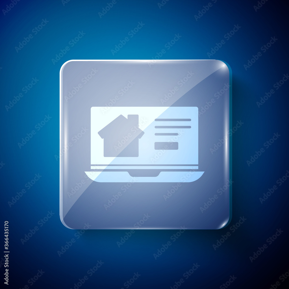 White Online real estate house on laptop icon isolated on blue background. Home loan concept, rent, buy, buying a property. Square glass panels. Vector Illustration. White Online real estate house on laptop icon isolated on blue background. Home loan concept, rent, buy, buying a property. Square glass panels. Vector Illustration.