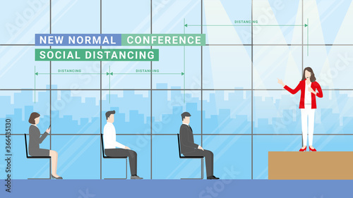 New Normal Concept. Social distancing in the business presentations in the conference hall.
