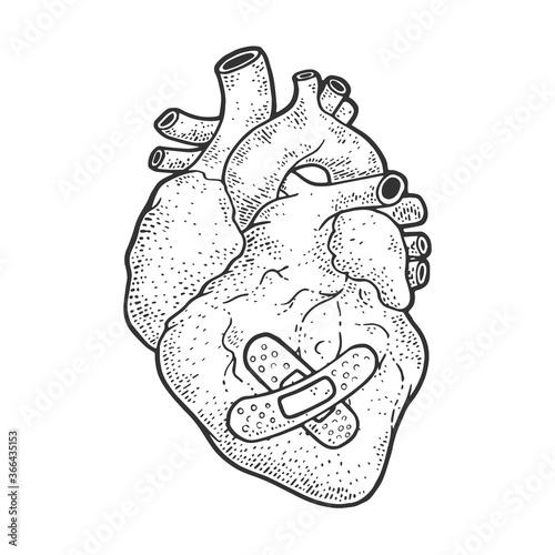 anatomical human heart with Adhesive bandage patch plaster sketch engraving vector illustration. T-shirt apparel print design. Scratch board imitation. Black and white hand drawn image.