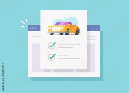 Car or vehicle auto insurance online policy document checklist on website or internet automobile loan finance agreement check list vector flat cartoon illustration, idea of web coverage contract icon