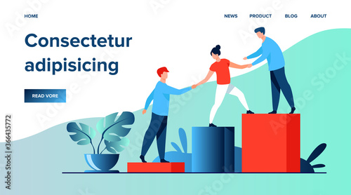 Employees giving hands and helping colleagues to walk upstairs. Team giving support, growing together. Vector illustration for teamwork, mentorship, cooperation concept