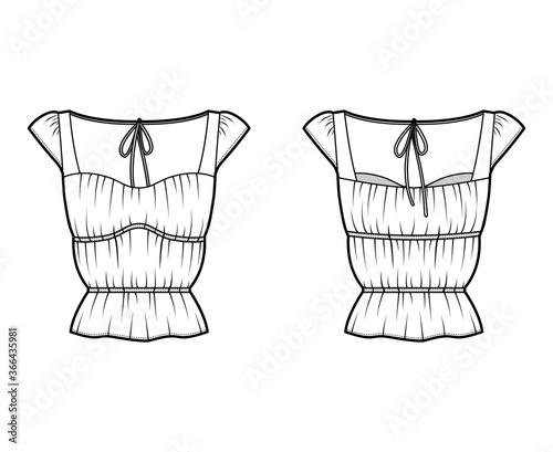 Shirt technical fashion illustration with oversized body, concealed button fastenings along front, ruffles, cropped sleeves. Flat apparel template front, back, white color. Women, men unisex mockup