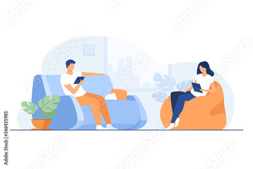 Young couple reading books in living room isolated flat vector illustration. Cartoon happy woman and man resting on sofa and armchair. Home, holiday and relaxation concept