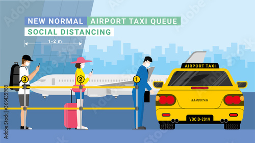 New Normal Concept. Social distancing at the taxi queue line number at the airport.