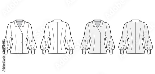 Blouse technical fashion illustration set with regular collar, long bishop sleeves, fitted body, double breasted. Flat apparel template front back white grey color. Women men unisex CAD garment mockup