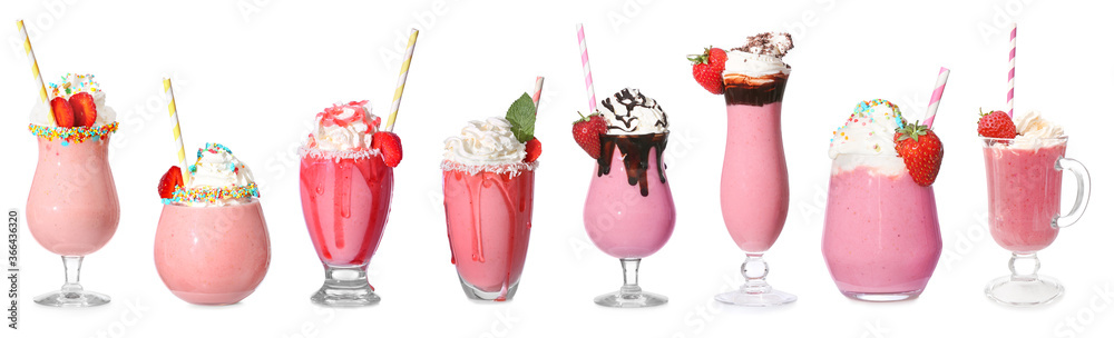 Tasty strawberry milkshake on white background - obrazy, fototapety, plakaty 