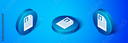Isometric Resume icon isolated on blue background. CV application. Searching professional staff. Analyzing personnel resume. Blue circle button. Vector Illustration.