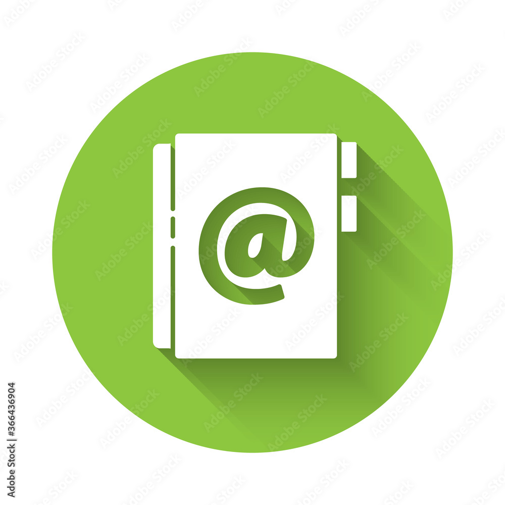 White Address book icon isolated with long shadow. Notebook, address, contact, directory, phone, telephone book icon. Green circle button. Vector Illustration. White Address book icon isolated with long shadow. Notebook, address, contact, directory, phone, telephone book icon. Green circle button. Vector Illustration.