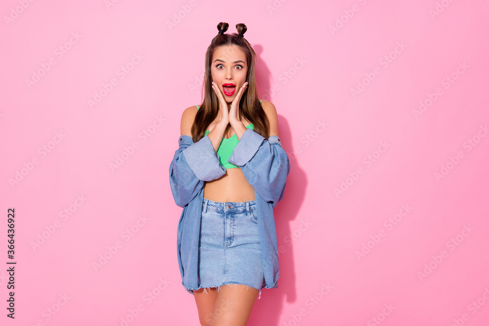 Portrait of astonished millennial girl have rest relax look good wonderful discount novelty impressed touch face hand scream wear denim clothes isolated over pastel color background Portrait of astonished millennial girl have rest relax look good wonderful discount novelty impressed touch face hand scream wear denim clothes isolated over pastel color background