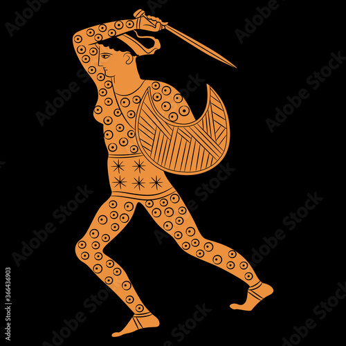 Fighting ancient Greek amazon woman with shield and sword. Vase painting style.