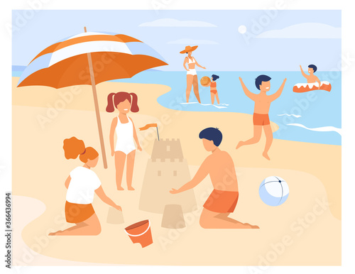 Happy children playing on sea shore sand beach isolated flat vector illustration. Cartoon kids sunbathing, swimming, building sand castle. Summer activity and childhood concept