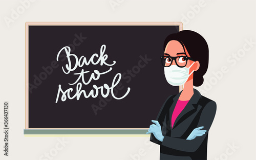 Female Teacher Wearing Mask and Gloves for School Reopening